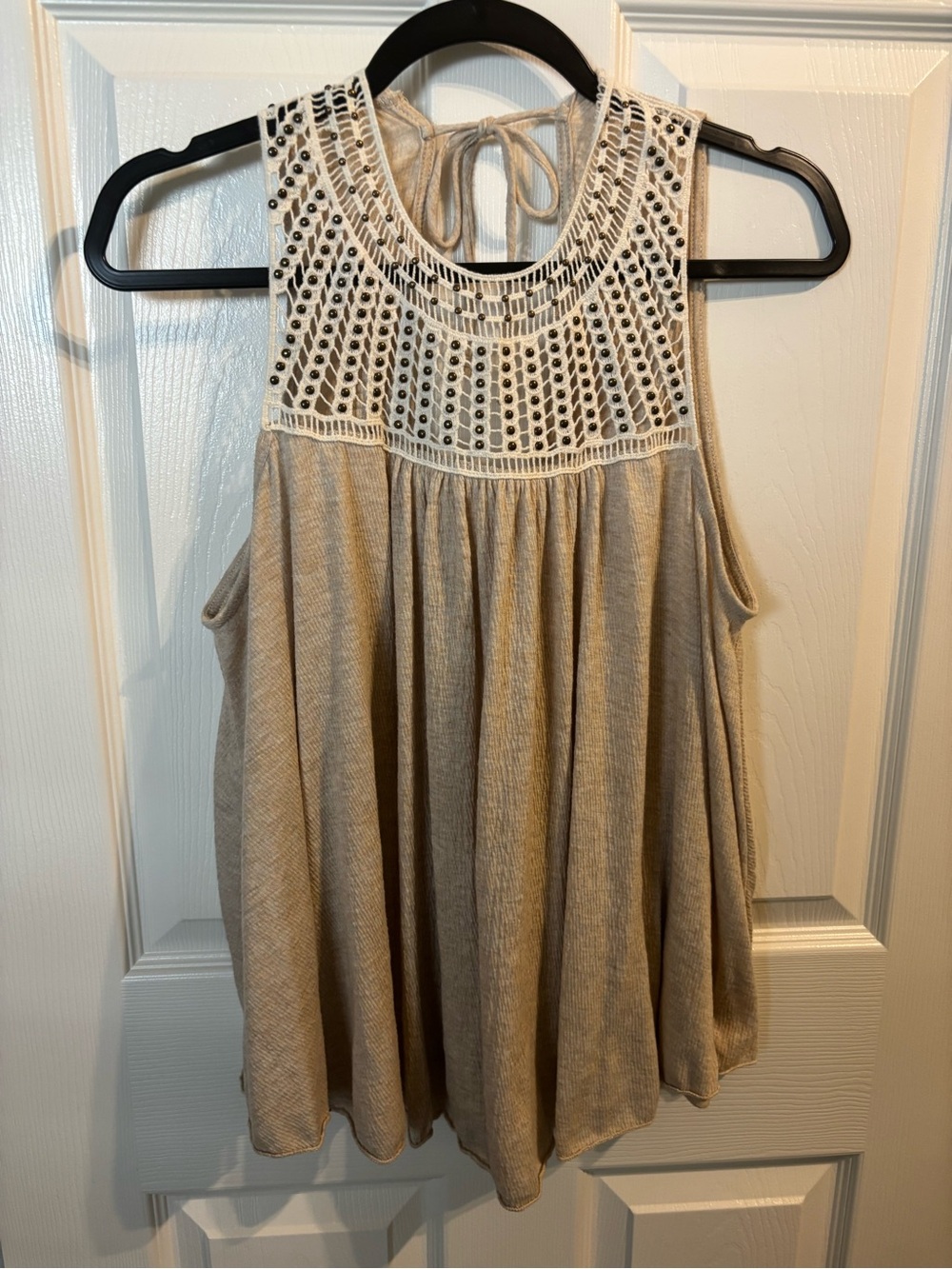 Crochet Yoke Halter Tank Top - Taupe